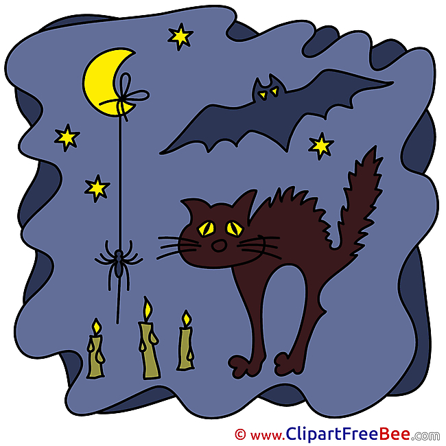 Black Cat Stars Moon Bat Halloween Clip Art for free